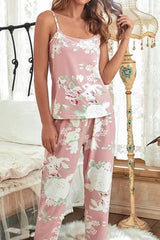 Floral Print Tank Camisole Top with Pants and Belted Robe Pajama Set
