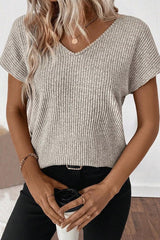 Ribbed V Neck Bow Back Top