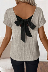 Ribbed V Neck Bow Back Top