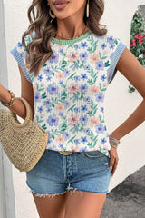Corded Floral Print Colorblock Trim Cap Sleeve Top