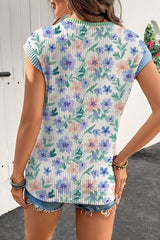 Corded Floral Print Colorblock Trim Cap Sleeve Top