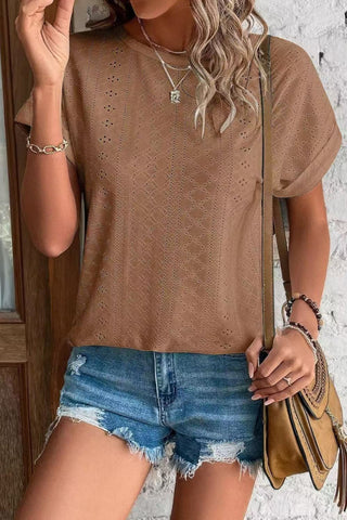 Eyelet Crew Neck Loose Fit Short Sleeve Tee