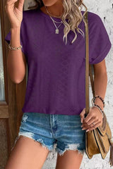 Eyelet Crew Neck Loose Fit Short Sleeve Tee