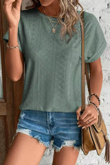 Eyelet Crew Neck Loose Fit Short Sleeve Tee