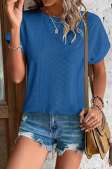 Eyelet Crew Neck Loose Fit Short Sleeve Tee
