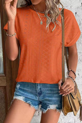 Eyelet Crew Neck Loose Fit Short Sleeve Tee