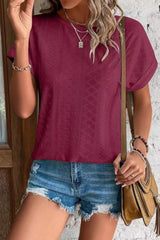 Eyelet Crew Neck Loose Fit Short Sleeve Tee
