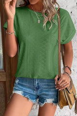 Eyelet Crew Neck Loose Fit Short Sleeve Tee
