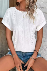 Eyelet Crew Neck Loose Fit Short Sleeve Tee