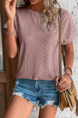 Eyelet Crew Neck Loose Fit Short Sleeve Tee