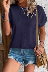 Eyelet Crew Neck Loose Fit Short Sleeve Tee