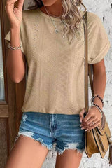 Eyelet Crew Neck Loose Fit Short Sleeve Tee