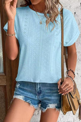 Eyelet Crew Neck Loose Fit Short Sleeve Tee