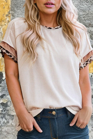 Leopard Patchwork Corded Crew Neck Top