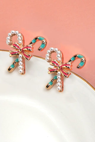Christmas Candy Cane Pearl Bow Stud Earrings