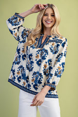 Floral Fall Print 3/4 Length Sleeve Blouse