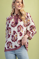 Floral Fall Print 3/4 Length Sleeve Blouse