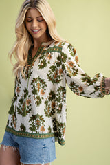 Floral Fall Print 3/4 Length Sleeve Blouse