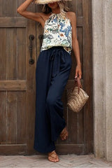 Halter Neck Print Top And Wide Leg Pants