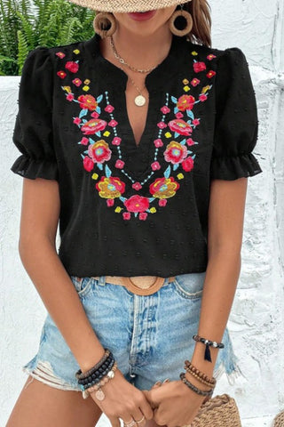 V-neck Floral Embroidery Short Sleeved Shirt