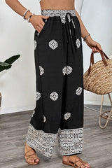 Drawstring Elastic Waist Printed Wide Leg Pants