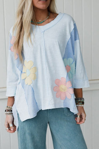 Flower Patched Exposed Seam 3/4 Sleeve Top