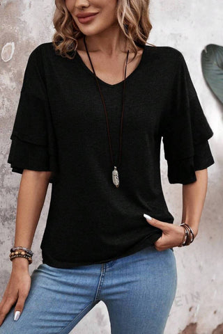 V Neck Double Layer Sleeve Loose Fit Tee
