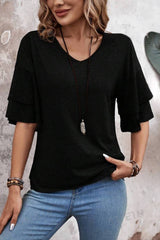 V Neck Double Layer Sleeve Loose Fit Tee