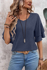 V Neck Double Layer Sleeve Loose Fit Tee