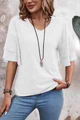 V Neck Double Layer Sleeve Loose Fit Tee