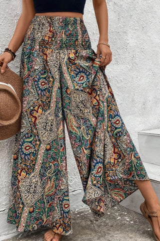 Boho Print Smocked Waist Wide Leg Pants