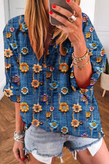 Floral Collared V Neck Roll Up Sleeve Shift Blouse