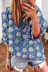 Floral Collared V Neck Roll Up Sleeve Shift Blouse