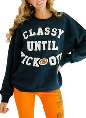 CLASSY UNTIL KICKOFF Plush Letter Patched Loose Sweatshirt