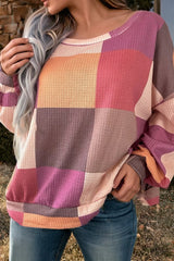 Checkered Print Textured Knit Long Sleeve Top