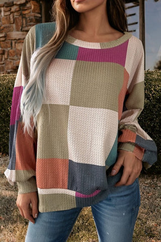 Checkered Print Textured Knit Long Sleeve Top