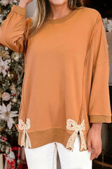 Floral Bow Patched Slit Baggy Sweatshirt