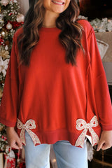 Floral Bow Patched Slit Baggy Sweatshirt