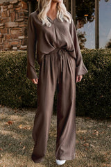 Braided V Neck Long Sleeve Loose Top and Drawstring High Waist Pants Set