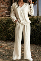 Braided V Neck Long Sleeve Loose Top and Drawstring High Waist Pants Set