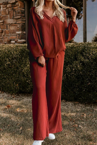 Braided V Neck Long Sleeve Loose Top and Drawstring High Waist Pants Set