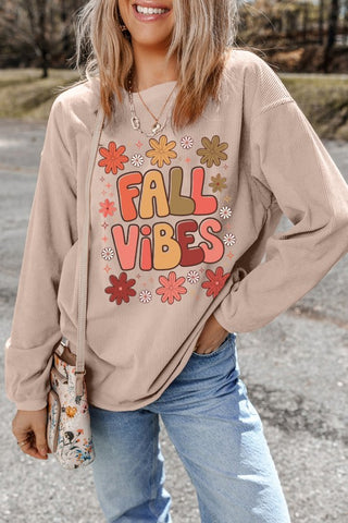 Ribbed Fall Vibe Graphic Baggy Sweatshirt