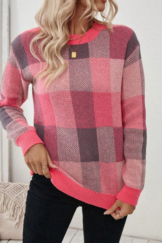 Ribbed Round Neck Plaid Pattern Casual Sweater