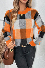 Ribbed Round Neck Plaid Pattern Casual Sweater