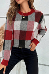 Ribbed Round Neck Plaid Pattern Casual Sweater