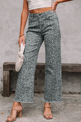 Leopard High Waist Frayed Hem Jeans