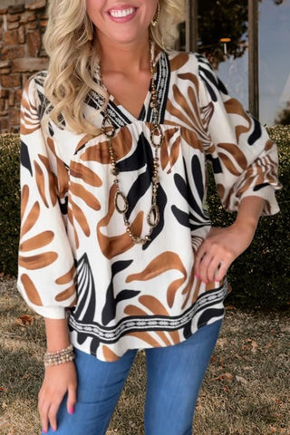Abstract Print Puff Sleeve Loose Blouse