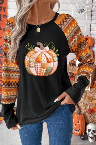 Pumpkin Graphic Geo Print Raglan Long Sleeve Tee