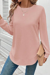 Rounded Hem Waffle Long Sleeve Top