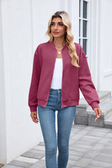 Solid Textured Full Zip Up Bomber Jacket